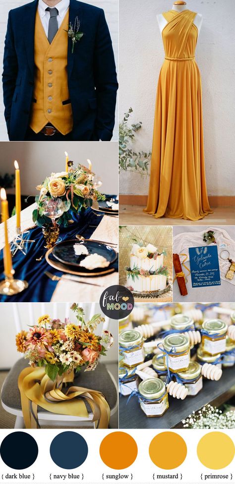 Mustard Yellow Wedding, Fall Color Combinations, Blue Yellow Weddings, Mustard Wedding, Yellow Wedding Colors, Spring Wedding Outfit, Navy Wedding Colors, Yellow Pantone, Primrose Yellow