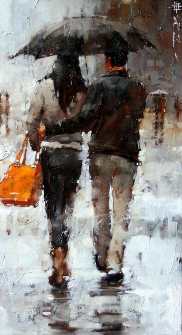 Love Andre Kohn Painting, Andre Kohn Art, Andre Kohn, Figure Painter, Rain Painting, Rain Art, Umbrella Art, Love Rain, Figurative Artwork