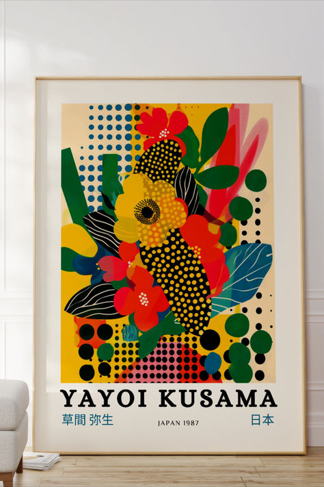 Yayoi Kasuma, Art Wall Collage, Kusama Yayoi, Yayoi Kusama Art, Wall Art Sage Green, Yayoi Kusama Poster, Sage Green Wall Art, Japandi Art, Sage Green Wall