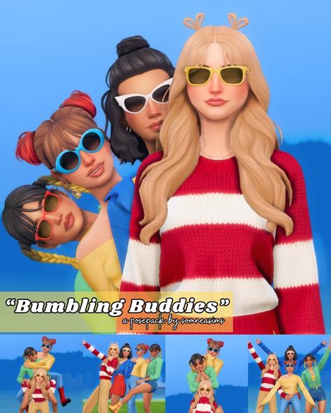 "Bumbling Buddies" Pose Pack | Patreon Sims 4 Friends Pose Pack, Sims Poses Friends, Friends Pose Sims 4, Sims 4 Teen Posepack, Sims 4 Friend Group Poses, Sims 4 Photo Poses, 5 Group Poses, Sims 4 Story Poses, Sims 4 Best Friend Poses