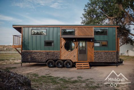 Her Cozy 10x30 MitchCraft Tiny House Farmhouse Tiny House, Cozy Colors Palette, Rustic Tiny House, Loft Style Bedroom, Tiny House Talk, House With Balcony, Tiny House Builders, Rustic Exterior, Large Shower