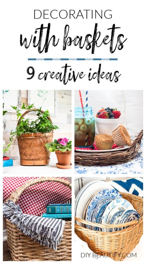 Whether thrifted or store bought, baskets can be incorporated into your home decor and be both functional and decorative! Here are 9 creative ideas for decorating with baskets. What To Put In Decorative Baskets, Basket With Handle Decor Ideas, Large Basket Decor Ideas, Small Basket Decor, How To Decorate With Baskets, Wicker Basket Decor Ideas, Decor With Baskets, Decorating With Baskets, Uses For Baskets