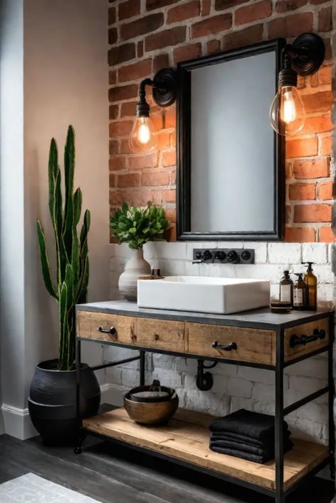 Industrial bathroom exposed brick reclaimed wood vanity Wood And Metal Bathroom, Exposed Brick Bathroom, Industrial Bathroom Decor, Brick Bathroom, Reclaimed Wood Vanity, Bathroom Wallpaper Ideas, Luxe Bathroom, Style On A Budget, Modern Wallpaper Designs