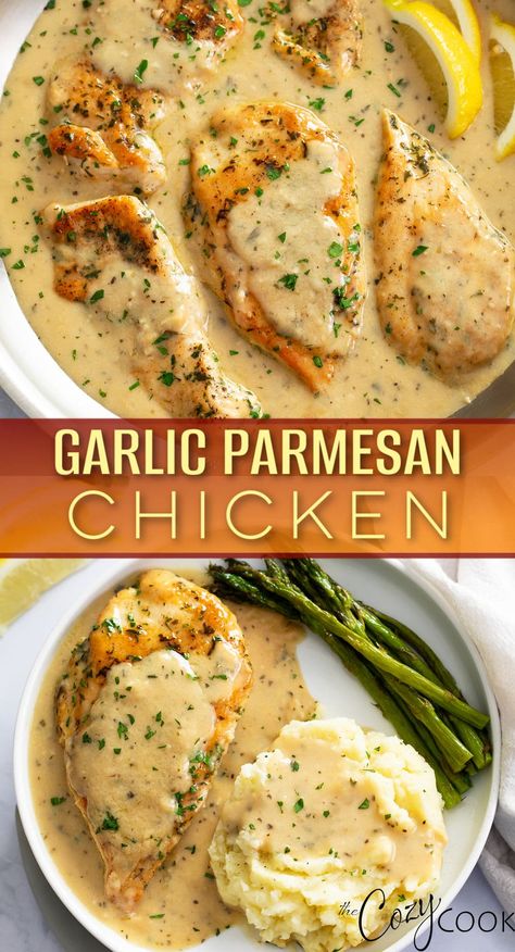 This Garlic Parmesan Chicken recipe an easy dinner you'll want to keep in the rotation! It has a mouth-watering sauce with plenty of garlic, freshly shredded Parmesan cheese, white wine, and the best seasonings. Family Dinner Recipes Casserole, Tasty Dinner For Two, Quick Weekly Meals, 1lb Chicken Recipes, Quick Easy Sunday Dinner Families, Good Summer Dinner Recipes, One Pan Chicken Dinner Skillet, Easy But Filling Dinners, Meals For The Week For One