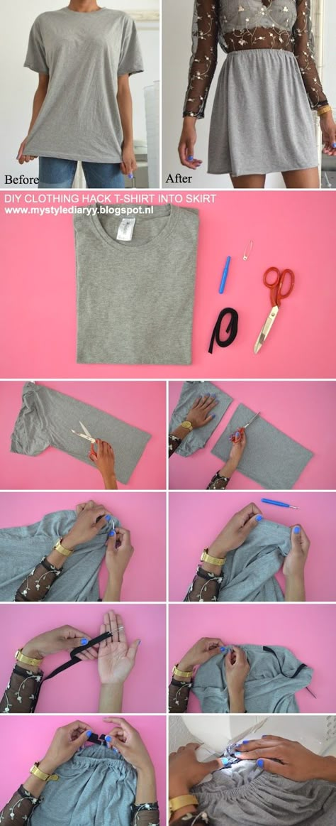 DIY CLOTHING HACK TRANSFORM A T-SHIRT INTO A SKIRT - Mystylediaryy Clothing Hacks Fashion, Fashion Tips And Tricks, Remake Clothes, Diy Clothes Hacks, Clothes Hacks, Upcycle Clothes Diy, How To Make Skirt, Diy Vetement, Diy Fashion Hacks