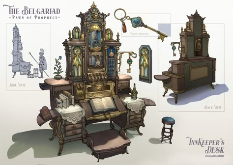 ArtStation - JRPG Fantasy Prop Design: Art Nouveau Secretary Desk, Raeann Chou Steampunk Props Concept Art, Fantasy Props Art, Furniture Concept Art, Prop Design Concept Art, Fantasy Workshop, Prop Concept Art, Concept Art Props, Jrpg Games, Antique Secretary Desks