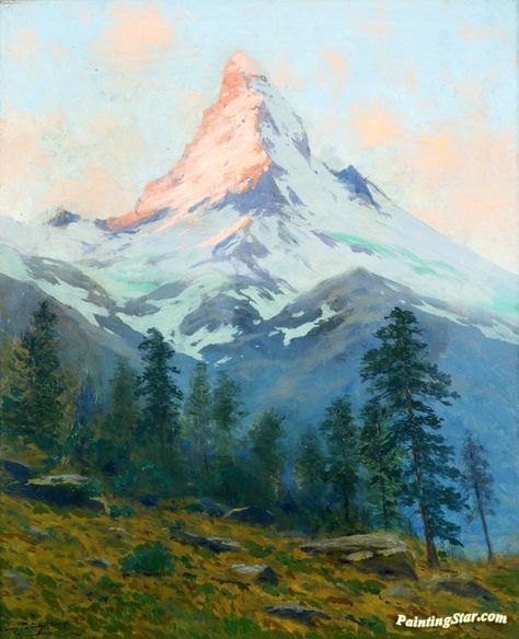 The matterhorn at sunset Artwork by Charles Partridge Adams Hand-painted and Art Prints on canvas for sale,you can custom the size and frame Matterhorn Painting, American Impressionism, The Matterhorn, Sunset Artwork, Japan Landscape, Prints On Canvas, Fine Art Painting Oil, Impressionism Painting, Art Idea