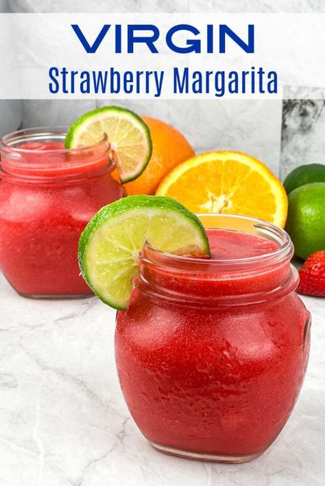 This virgin strawberry frozen margarita recipe is deliciously refreshing for the whole family, since it doesn't contain alcohol. Virgin Strawberry Margarita Recipe, Virgin Strawberry Margarita, Strawberry Margarita Mocktail, Frozen Strawberry Margarita Recipe, Frozen Margarita Recipe, Non Alcoholic Margarita, Margarita Mocktail, Virgin Margarita, Strawberry Margaritas