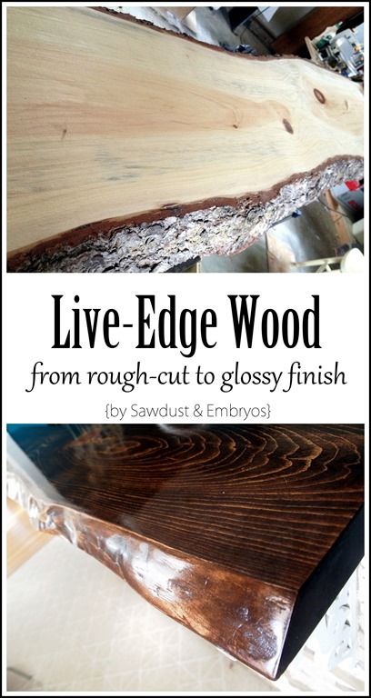 Learn all the steps for taking rough-cut live edge wood to sleek and glossy! {Sawdust and Embryos} Stained Live Edge Wood, Applying Epoxy To Wood, Diy Live Edge Countertop, Live Edge Wood Countertop, Live Edge Wood Projects Diy, Live Edge Kitchen Countertops, Diy Live Edge Table, Live Edge Projects, Live Edge Wood Tables