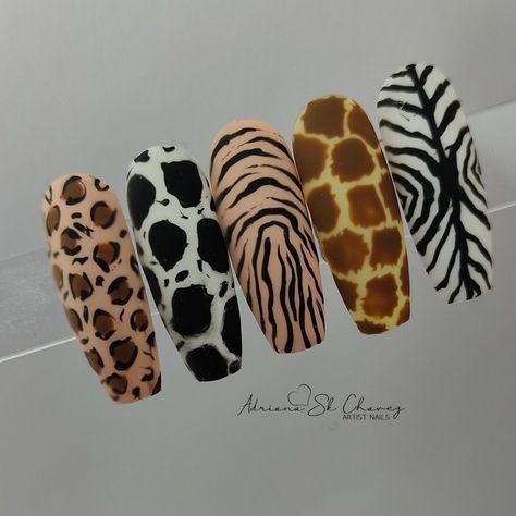 Animals Print Nails, Animal Nail Designs Disney, Animal Pattern Nails, Nail Stuff Organization, Giraffe Print Nails, Zoo Nails, Zebra Print Nails Designs, Tiger Nails Designs, Giraffe Nail Art