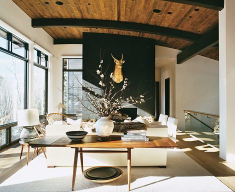 Aerin Lauder Aspen Home Aerin Lauder Interiors, Mountain Interiors, Lodge Design, Aspen House, Aerin Lauder, Black Accent Walls, Ski House, Modern Mountain, Lodge Decor