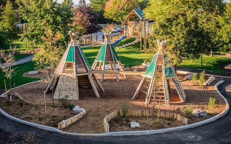 Desert Playground Ideas, Nature Scape Playground, Scandinavian Playground, Special Needs Playground, Homemade Playground, Hillside Playground, Covered Playground, Mountain Playground, Whimsical Playground