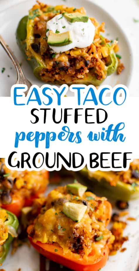 These Taco Stuffed Peppers are the perfect easy, hearty, and delicious dinner option. Perfectly roasted peppers are stuffed full of savory taco seasoned beef, onions, garlic, black beans, corn, and jalapeño and covered in melty, gooey cheese! Stuffed Peppers With Ground Beef, Stuffed Peppers Beef, Taco Stuffed Peppers, Black Beans Corn, Taco Seasoning Recipe, Taco Fillings, Fried Beef, Easy Taco, Beef Enchiladas