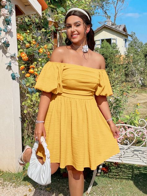 SHEIN WYWH Plus Size Women's Summer Solid Color Off Shoulder Short Puff Sleeve Ruched Elegant DressI discovered amazing products on SHEIN.com, come check them out! Yellow Summer Dress, Short Puff Sleeve, Elegant Dress, Dress P, I Dress, Summer Women, Plus Size Dresses, Summer Dress, Puff Sleeve