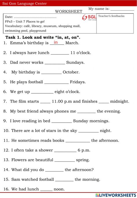 Prepositions of time (In- At- On) online activity for Class: Celery. You can do the exercises online or download the worksheet as pdf. In On At Prepositions Of Time, Preposition Of Time, Preposition Of Place Worksheet, Preposition Of Time Activities, In On At, Reading Comprehension Texts, English Prepositions, Back To School Quotes, Simple Present Tense