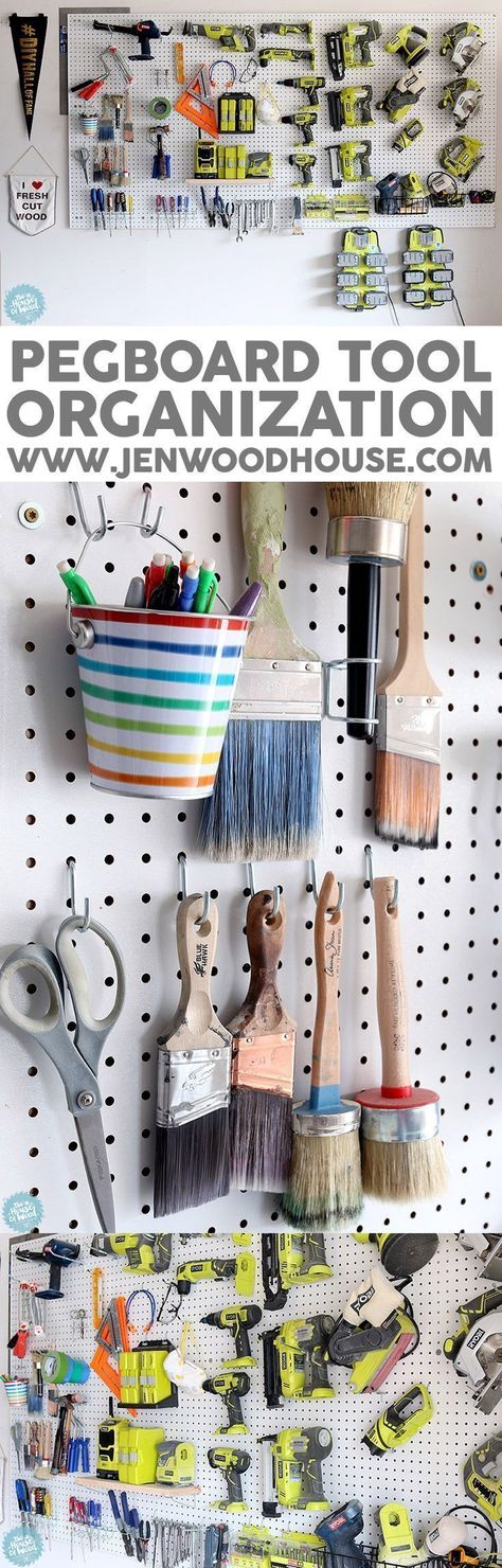 LOVE!!! How to organize the tools in your garage using pegboard. Via Jen Woodhouse Stagecraft Projects, Pegboard Tool Organization, Peg Board Garage, Garage Workspace, Organization Challenge, Jen Woodhouse, Monster Garage, Create Storage, Garage Organisation