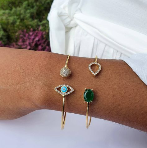 Evil Eye Bangle, Evil Eye Bracelet Gold, Garnet Ring Gold, Arm Bangles, Arm Cuff Bracelet, Diamond Cuff Bracelet, Feminine Jewelry, Bracelet For Her, Stacked Necklaces