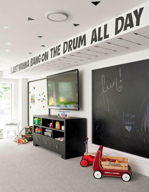 Adding a framed chalkboard wall in a kids bedroom creates a fun, unique way to customize the room as the child grows. Black And White Playroom, Chalkboard Wall Kids, White Playroom, Loft Playroom, Chalkboard Wall Bedroom, Tv Nook, Boys Room Design, Boys Playroom, Reading Area