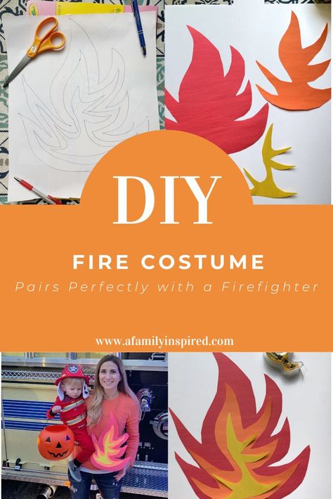 This Last-Minute DIY Fire Costume is quick, easy & is the perfect Halloween costume to go with your child's firefighter costume  Visit www.afamilyinspired.com for the steps!  #halloweencostumes #halloweencostume #halloweeninspiration #toddlercostumes #lastminutecostumes #lastminutehalloweencostumes #parentcostume #firecostume #firefightercostume #firemancostume #diycostumes #diyhalloweencostumes #easycostumes #easydiy #simplecostumes #costumeideas #costumeinspiration #toddlercostume #lazycostume Fire Boy Water Girl Costume, Fire Element Costume Ideas, Fire Element Costume, Diy Fire Costume Women, Diy Fire Costume, Fire Halloween Costume, Fire Costume Diy, Fireman Costume, Fire Costume