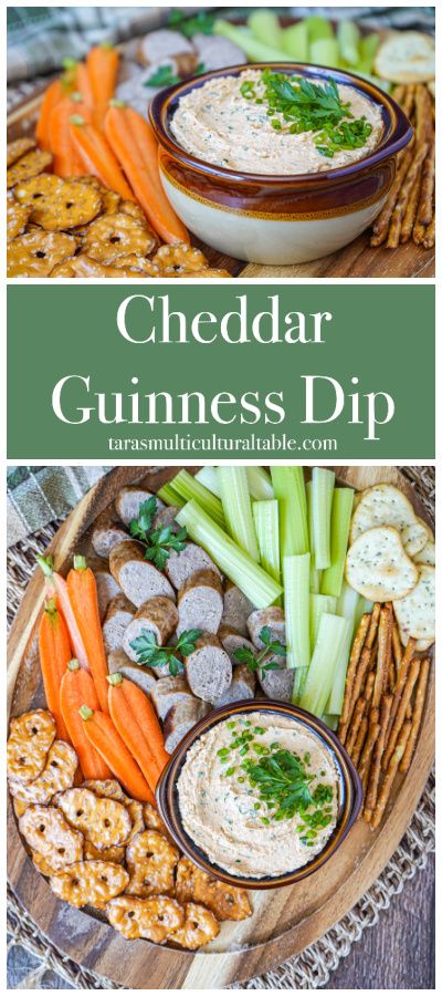 Cheddar Guinness Dip on a wooden board with pretzels, carrots, sausage, and celery. Cheddar Guinness Dip, Guinness Cheese Dip, Ireland Appetizers, Dip For Beer Bread, Vegetable Dips, Easy Snacks For Kids, Delicious Dips Recipes, Pumpkin Hummus, Party Dip