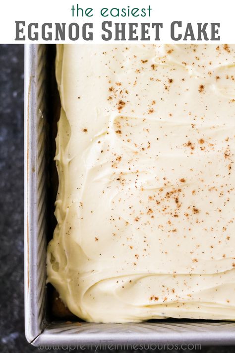 This Easy Eggnog Sheet Cake is made using a boxed Golden Cake Mix as the base. Topped with a delicious and creamy Eggnog Frosting. Classic eggnog flavour. Sheet Pan Carrot Cake, Carrot Cake With Coconut, Eggnog Cake Recipe, Eggnog Frosting, Holiday Cake Recipes, Eggnog Dessert, Coconut Cream Cheese, Classic Eggnog, Coconut Cream Cheese Frosting