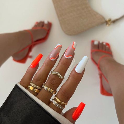 23 Nails, Vacay Nails, Orange Nail, Nails Set, Ballerina Nails, White Nail, Acrylic Nails Coffin Short, Summer Acrylic Nails, Orange Nails