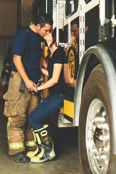 Firefighter Relationship, Firehouse Engagement Photos, Firefighters Wedding, Firefighter Wedding Photos, Fire Department Wedding, Firefighter Engagement Pictures, Lynchburg Tennessee, Firefighter Couple, Fireman Wedding