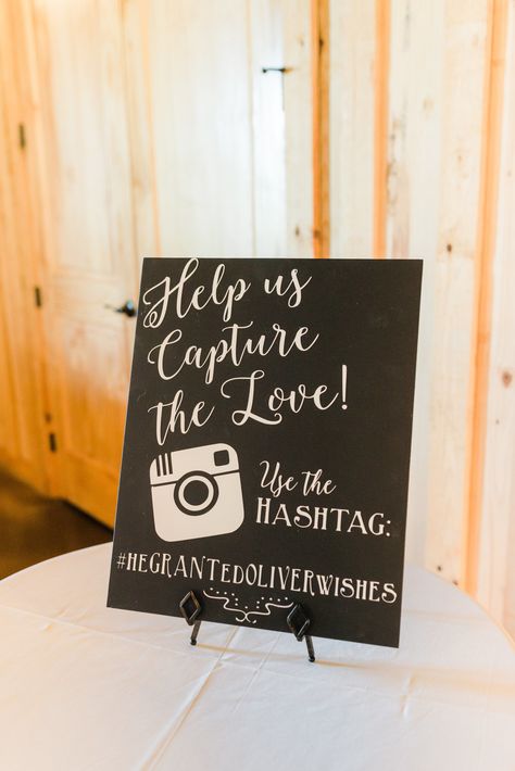 | social media wedding sign | modern rustic wedding sign for social media | "help us capture the love! use the hashtag: #hegrantedoliverwishes | wedding hashtag sign ideas | cute wedding sign ideas | 2018 real wedding decor | photo taken at THE SPRINGS Event Venue. follow this pin to our website for more information, or to book your free tour! SPRINGS location: Westwood Hall in Weatherford, TX photographer: Kylie Crump Photography #weddingsign #weddinghashtag #weddingdecor #weddingdecorations Send Us Your Photos Wedding Sign, Smith Wedding Hashtag Ideas, Wedding Hashtags With Last Names, Hashtag Sign For Party, Wedding Hashtag Decor, Cute Wedding Hashtags, Wedding Hashtag Ideas, Photo Hashtag Wedding Sign, Wedding Sign Ideas