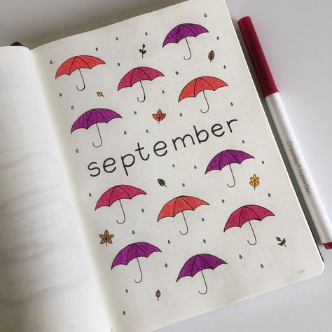 september fall umbrella bullet journal theme #bujo #bujoideas #bulletjournal #bulletjournaling #bulletjournalideas September Reading Journal Spread, September Bujo Cover, September Journal Cover, September Journal, September Bujo, Bullet Journal Cover Page Ideas, Bujo Umbrella Theme, Book Journal Spreads, Bullet Journal Ideas For September