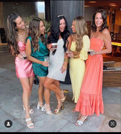 Pastel Bachelorette Party Outfits, Bachelorette Coordinating Outfits, Pastel Bachelorette Outfits, Boozy Brunch Outfit, Colorful Bachelorette Party Outfits, Pastel Bachelorette Party, Pastel Bachelorette, Rodeo Bachelorette, Colorful Summer Dresses