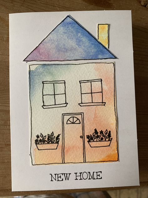 Watercolour New Home Card, Watercolour Houses Simple, New Home Cards Handmade Watercolour, New Home Watercolor Card, Diy Watercolor Cards, Christmas Cards Drawing, Designer Paper Cards, Pastel Boho, Watercolour Card