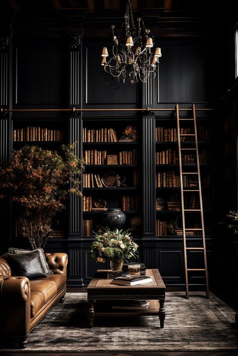 Moody Dark Room, Dark Art Deco Interior, Modern Victorian Library, Dark Academia Home Office, Moody Library Room, Moody Home Library, Dark Academia House, Dark Library, Dark Academia Living Room