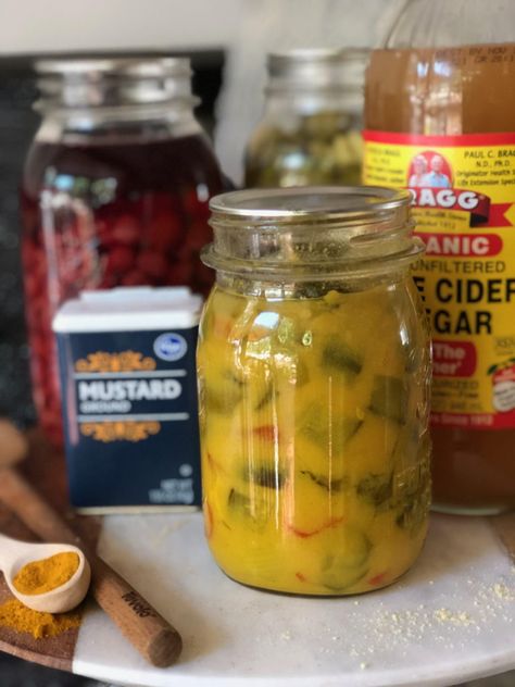 Sweet Mustard Pickles Recipe, Mustard Pickle Recipe, Zucchini Relish Recipes, Pickling Crock, Zucchini Relish, Mustard Pickles, Canning Pickles, Relish Recipes, Homemade Pickles