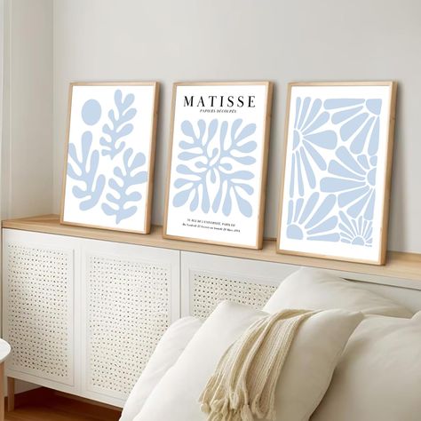 PRICES MAY VARY. Matisse Abstract Flower Wall Art: This set of 3 Henri Matisse poster prints artworks features minimalist lines, light blue flowers, and a white background. The inclusion of natural elements, such as flowers and plants, creates a serene and harmonious aesthetic that adds a touch of artistic elegance to any space. SIZE: Each piece in this boho minimalist floral canvas posters set measures 12x16 inches (30x40 cm). High-Quality Prints: Our set of 3 matisse blue wall art is crafted f Pictures For Room, Minimalist Pictures, Blue Matisse, Surf Room Decor, Matisse Abstract, Flower Minimalist, Matisse Wall Art, Wall Decor Aesthetic, Preppy Wall Art