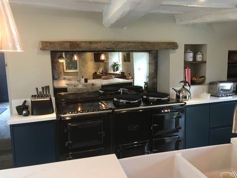 Smoked Mirror Splashback Kitchen, Kitchen Mirror Ideas, Mirror Backsplash Kitchen, Antique Mirror Splashback, Shaw House, Mirror Kitchen, Aga Kitchen, Neptune Kitchen, Back Kitchen