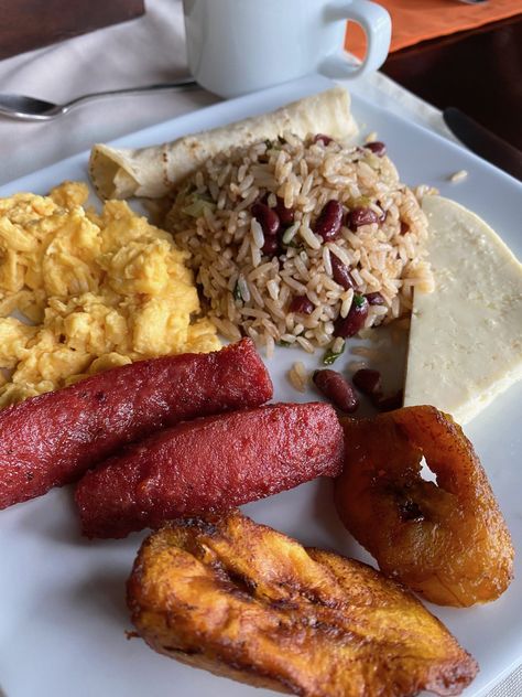 Gallo Pinto Recipe, Hawaiian Breakfast, Portuguese Sausage, Eggs Fried, Costa Rican Coffee, Gallo Pinto, Breakfast Cooking, Portuguese Style, Fried Cheese