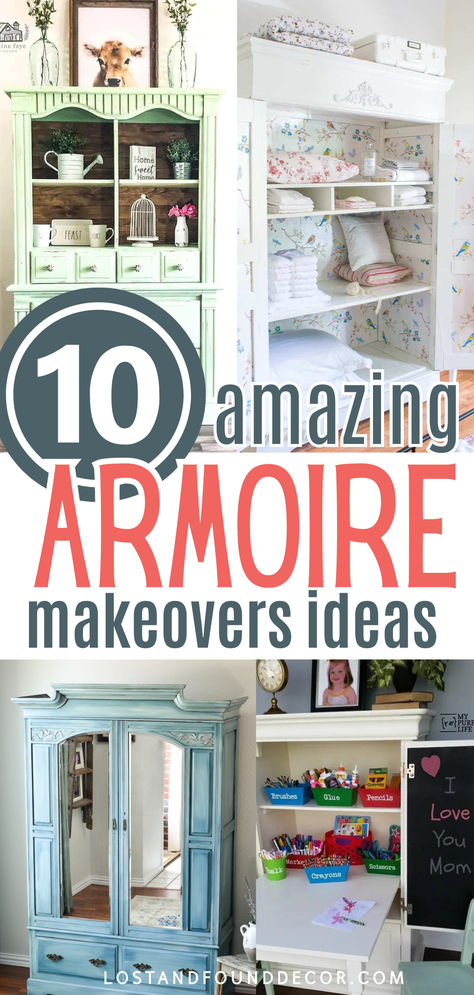 Today I’m sharing with you 10 amazing armoire makeover ideas you can do yourself! We all probably have these old furniture pieces at home . . . you know the ones with good bones and lots of storage space, but maybe just not so nice to look at anymore? Whether you’re looking to make over an antique armoire or a newer, mass-market piece, this post is full of great ideas for how to give that old armoire of yours a new life. Click through for you 10 inspiring ideas. Corner Armoire Repurpose, Amoire Paint Ideas, Diy Old Wardrobe Makeover, Update Armoire Furniture Makeover, Wardrobe Repurpose Ideas, Chalk Painted Armoire Ideas, Repurposed Wardrobe Ideas, Painting Armoire Ideas Diy, Painting A Wardrobe