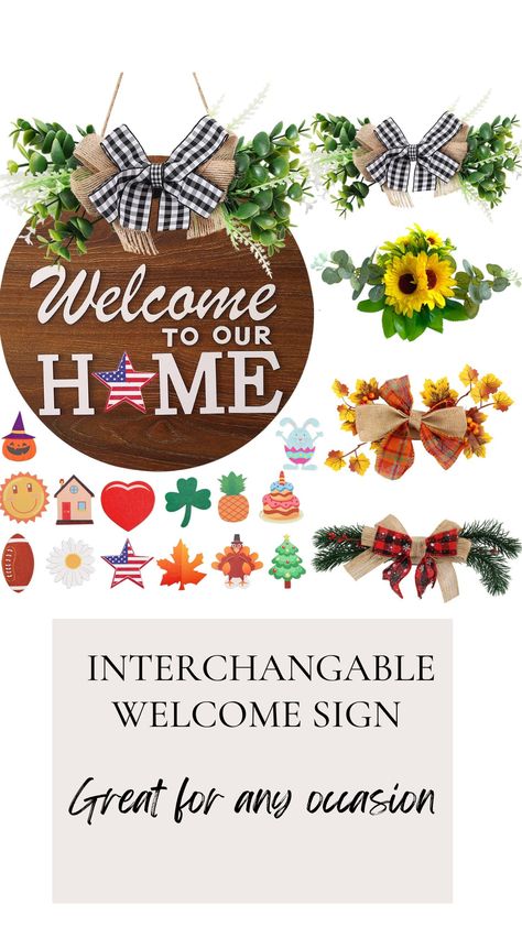 Interchangeable Welcome Sign for Front Door with 4 Seasonal Wreaths and 14 Changeable Icons, Farmhouse Front Door Signs, Door Decoration Porch Decor, Seasonal Rustic Wooden Home Sign home décor (6wood) GREAT FOR ANY HOLIDAY! ( This is an affiliate like, I will make a commison off each purchase) Welcome Sign Front Door With Interchangeable, Interchangeable Porch Sign, Welcome Sign With Interchangeable Wreath, Home Sign With Interchangeable O, Welcome Sign Front Door With Sunflower, Farmhouse Porch Decor, Farmhouse Front Door, Farmhouse Front, Farmhouse Porch