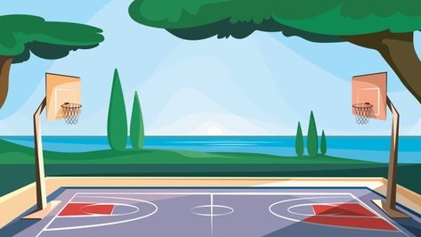 Basketball Court Cartoon, Basketball Court Landscape, Basketball Background Landscape, Campo Basket, Basketball Court Drawing, Basketball Court Illustration, Basketball Landscape, Court Drawing, Family Drawing Illustration