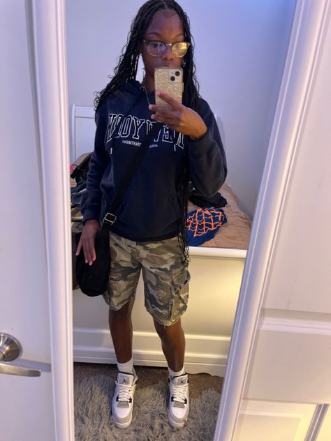 #schooloutfitideas #casual #camojorts #camouflage #jordan4s #militaryblack #trending #outfitforblackgirls #hoodieseason Military 4s Outfit, Military Black Jordan 4 Outfit, Gc Profile Picture, 4s Jordans Outfit, Jordan 4s Military Black, Outfits With Jordan 4s, 4s Jordans, Jordan 4 Outfit, 4s Outfit