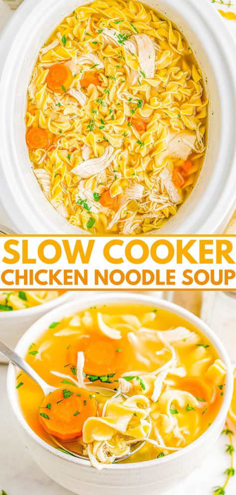 Slow Cooker Chicken Noodle Soup - Classic and comforting chicken noodle soup with loads of juicy chicken, tender noodles, carrots, celery, and seasoned to perfection so that it tastes just like grandma used to make it! But this recipe is made with EASE and convenience in mind by using your Crock-Pot. Just add the ingredients, set it and forget it, and your soup will taste AMAZING! Chicken Noodle Soup Amish Noodles, Spicy Chicken Noodle Soup Crock Pot, Leftover Rotisserie Chicken Recipes Soup Slow Cooker, Chicken Noodle Soup Crock Pot Easy, Crock Pot Chicken Soup, Comforting Chicken Noodle Soup, Crock Pot Chicken Noodle Soup, Thai Chicken Curry Soup, Slow Cooker Chicken Soup