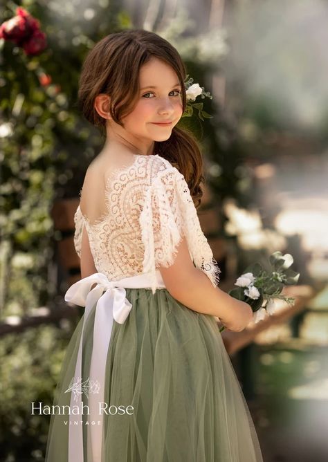 SAGE RUSTIC TULLE SHORT SLEEVE FLOWER GIRL DRESS – Hannah Rose Vintage Boutique Sage Green Flower Girl Dress, Green Flower Girl Dress, Full Length Tulle Skirt, Green Flower Girl Dresses, Burgundy Flower Girl Dress, Vintage Flower Girls, Flower Girl Dresses Vintage, Sage Green Flowers, Tulle Skirt Dress