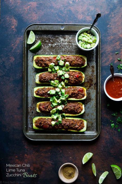 Mexican Tuna Stuffed Zucchini Boats - These quick and easy, lower carb stuffed zucchini boats are a healthy, paleo and whole30 friendly weeknight meal that are packed with protein! | Foodfaithfitness.com | @FoodFaithFit Mexican Tuna, Tuna Zucchini, Mexican Zucchini, Stuffed Zucchini Boats, Vegetarian Sushi, Ketogenic Recipes Dinner, Spiced Cauliflower, Low Carb Mexican, Stuffed Zucchini