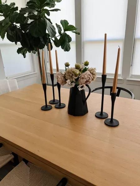 Taper Candles Dining Room, Taper Candle Dining Table, Black Candle Stick Holders Dining Table, Black Taper Candle Holders, Black Candle Stick Holders, Gold Candle Stick Holder Modern, Dining Table Candles, Round Dining Table Decor, Fall Dining Room Decor