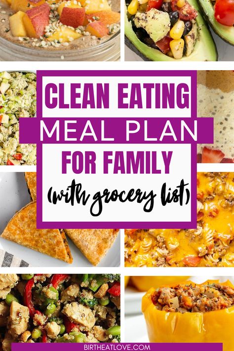 Clean eating meal plan for family for 7 days with ideas for every meal plus snacks. There's even a printable grocery list you can download with easy healthy recipes and a grocery list that makes meal planning and meal prep for the week super easy. Here's exactly what to eat for clean eating with a family. Weekly Family Dinner Plan, Healthy Weekly Dinner Plan, Meal Planning Menus Healthy, Meal Plans For The Week Family, Meal Prep For Family Of 4, Healthy Weekly Meal Plan Families, Cheap Clean Eating Recipes, Easy Meal Plans For The Week, Family Meal Prep For The Week