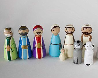 Nativity Peg Dolls by HethrFethr on Etsy Peg People Nativity, Peg Doll Nativity, Nativity Peg Doll, Nativity Decor, Peg Doll Ideas, Wooden Nativity, Disney Christmas Decorations, Diy Nativity, Wood Peg Dolls