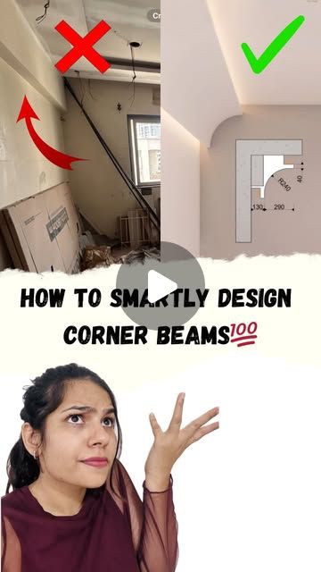 Ar. Aashi Jain on Instagram: "Don’t like those ugly corner beams spoiling your room’s overall look? 😩

Try these creative ways to cover them up without having to install a false ceiling for the entire room! ✨

( corner beam designs, beam designs, interior tips, architecture tips, hacks, pro tip, interior design, pop, false ceiling)" Corner Beams Living Rooms, Ceiling Design Without False Ceiling, Ceiling Corner Design, Main Hall Fall Ceiling Design, Contemporary Ceiling Design, Architecture Tips, Pop False Ceiling, Beams Living Room, Interior Tips