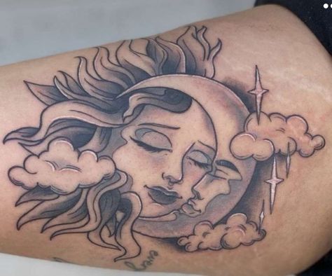 Sun And Moon Love Tattoo, Sun And Moon Memorial Tattoo, Thigh Tattoos Women Sun And Moon, Half Moon And Sun Tattoo, Sun And Moon Lovers Tattoo, Woman And Moon Tattoo, Sun And Moon Tattoo Shoulder, Moon Woman Tattoo, Sun And Moon Shoulder Tattoo