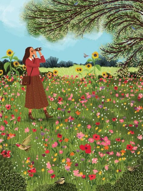 Field Flowers Illustration, Birdwatching Illustration, Flower Field Illustration, Jane Newland, Paper Birthday Cards, Naïve Artist, Peace Bird, Forest Birthday, Country Birthday