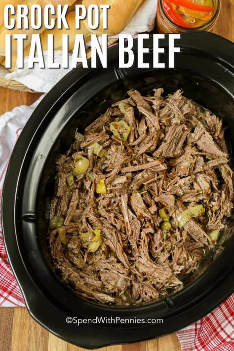 This easy crockpot Italian Beef is perfect for tailgating. Cooked with pepperoncinis and shredded, it is delicious as an appetizer on sliders or as filling sandwiches! #spendwithpennies #crockpotitalianbeef #slowcookeritalianbeef #Italianbeefsandwiches #maindish #tailgating #beefrecipe #slowcooker #crockpot Italian Beef Crockpot, Italian Beef Recipes, Slow Cooker Italian Beef, Slow Cooker Salisbury Steak, Beef Crockpot, Sirloin Tip Roast, Italian Beef Sandwiches, Crockpot Recipes Healthy, Slow Cooker Recipes Beef